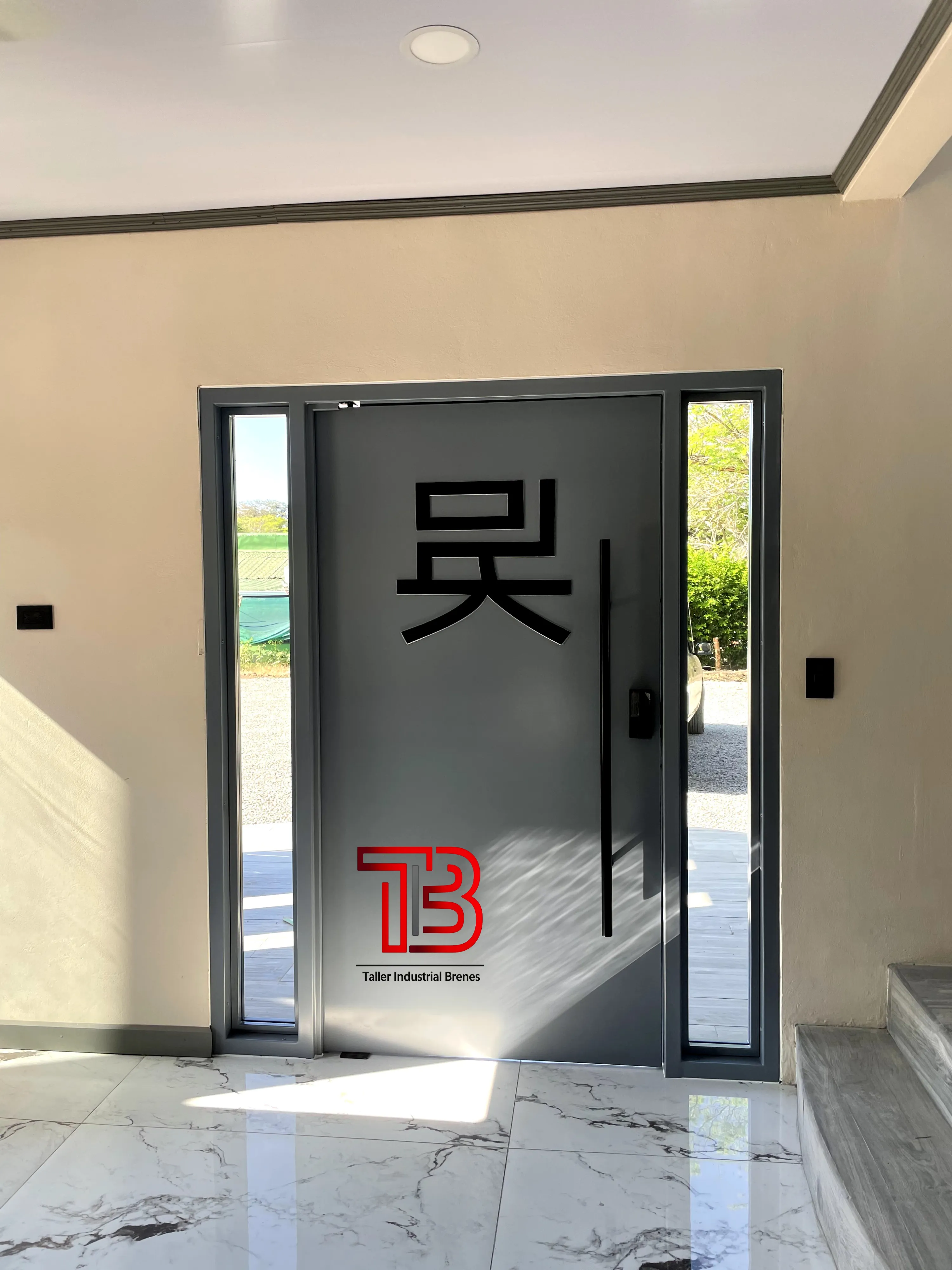 Puerta Principal Pivotante Gris con Logotipo Personalizado y Paneles Laterales - Vista 5